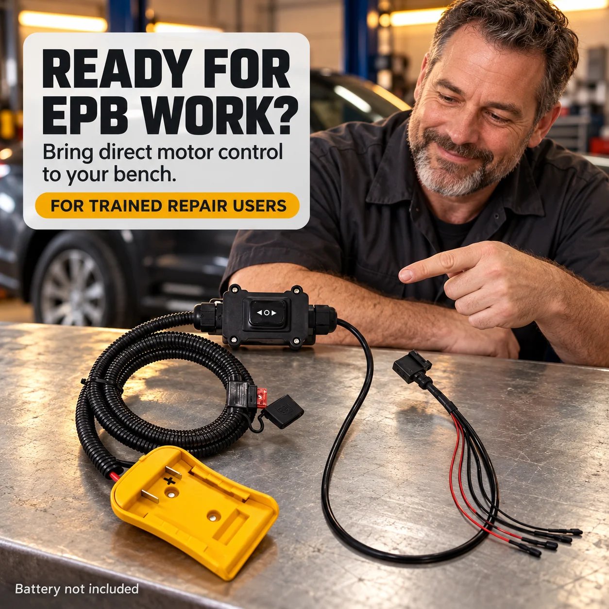 EPB motor service tool on an automotive workshop bench
