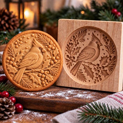 Cardinal design wooden mold with matching cookie