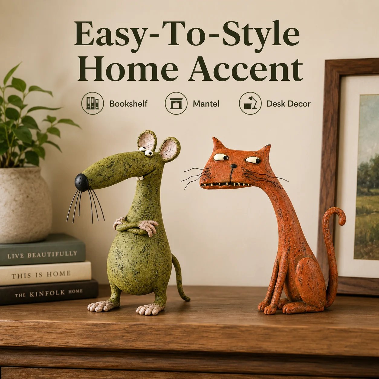 Mouse and cat figurines styled as bookshelf, mantel and desk accents
