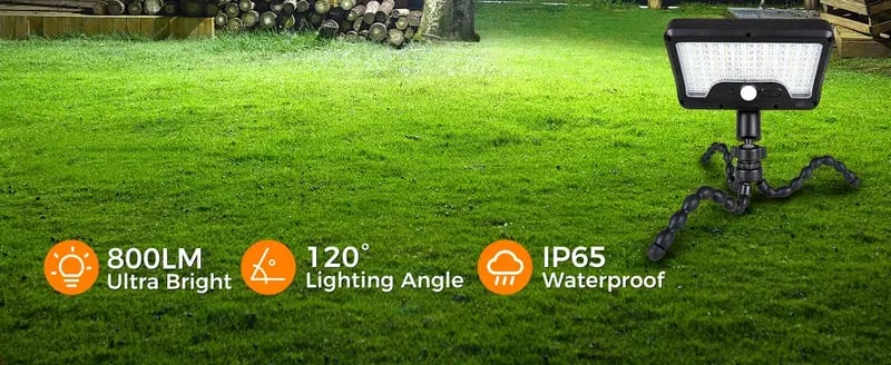 1 2pcs solar motion camping lights ip65 portable solar flood light outdoor dual charging 600lumen 92leds security lights with flexible octopus tripod for camping patio fence garden details 1