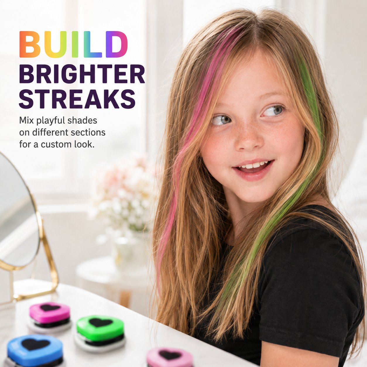 Temporary hair chalk applicator adding a colorful streak to light hair