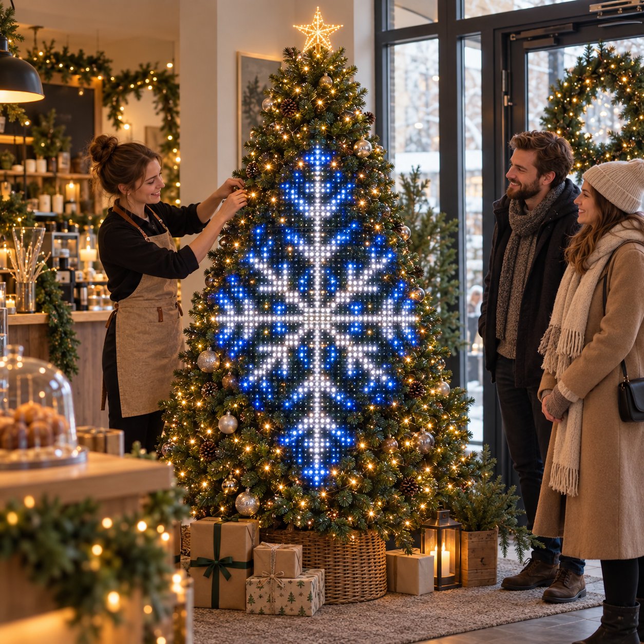 A coordinated blue snowflake light pattern on a decorated tree
