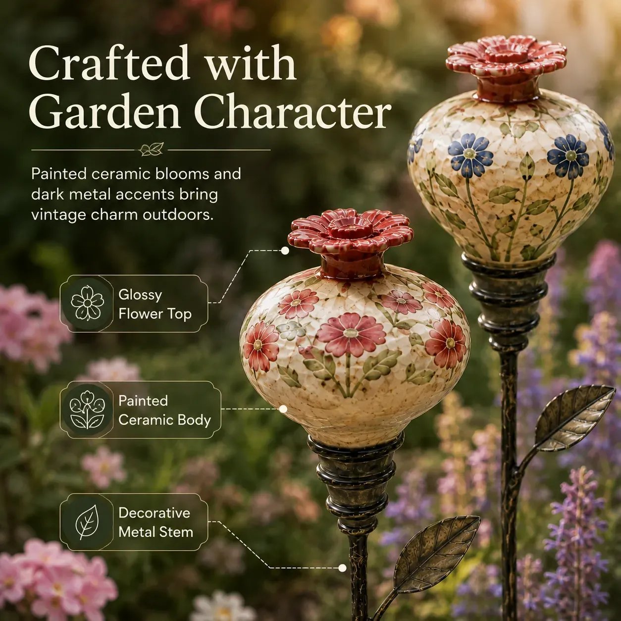 Ceramic body red flower top and decorative metal stem