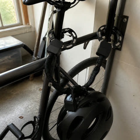Helmet secured with a bicycle in a garage
