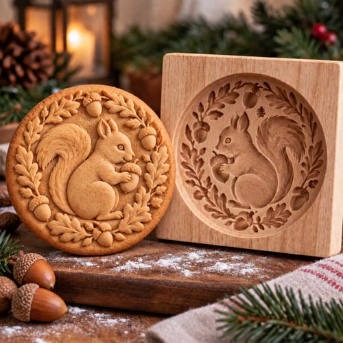 Squirrel design wooden mold with matching cookie