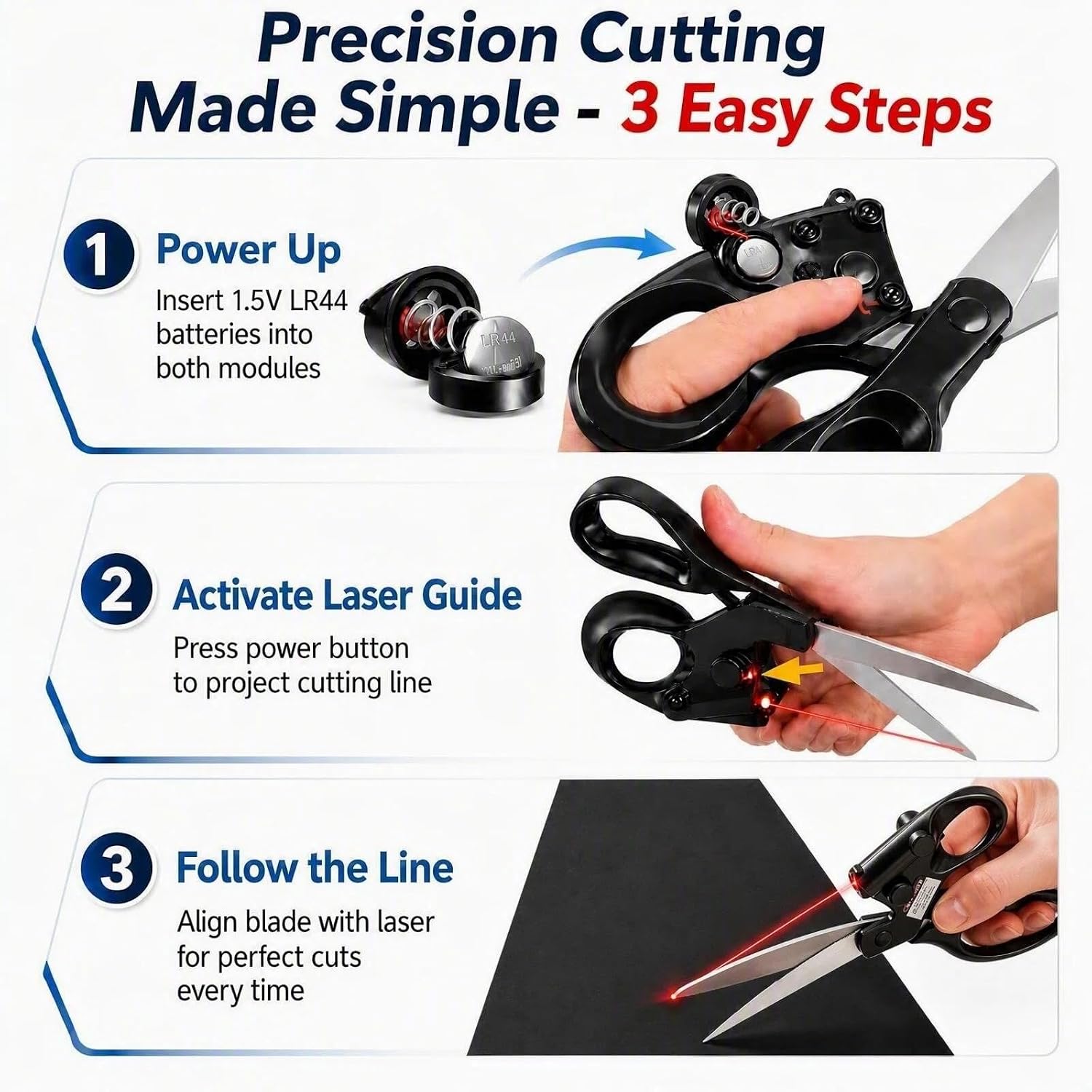 Three-step guide showing battery installation, laser activation and cutting along the line