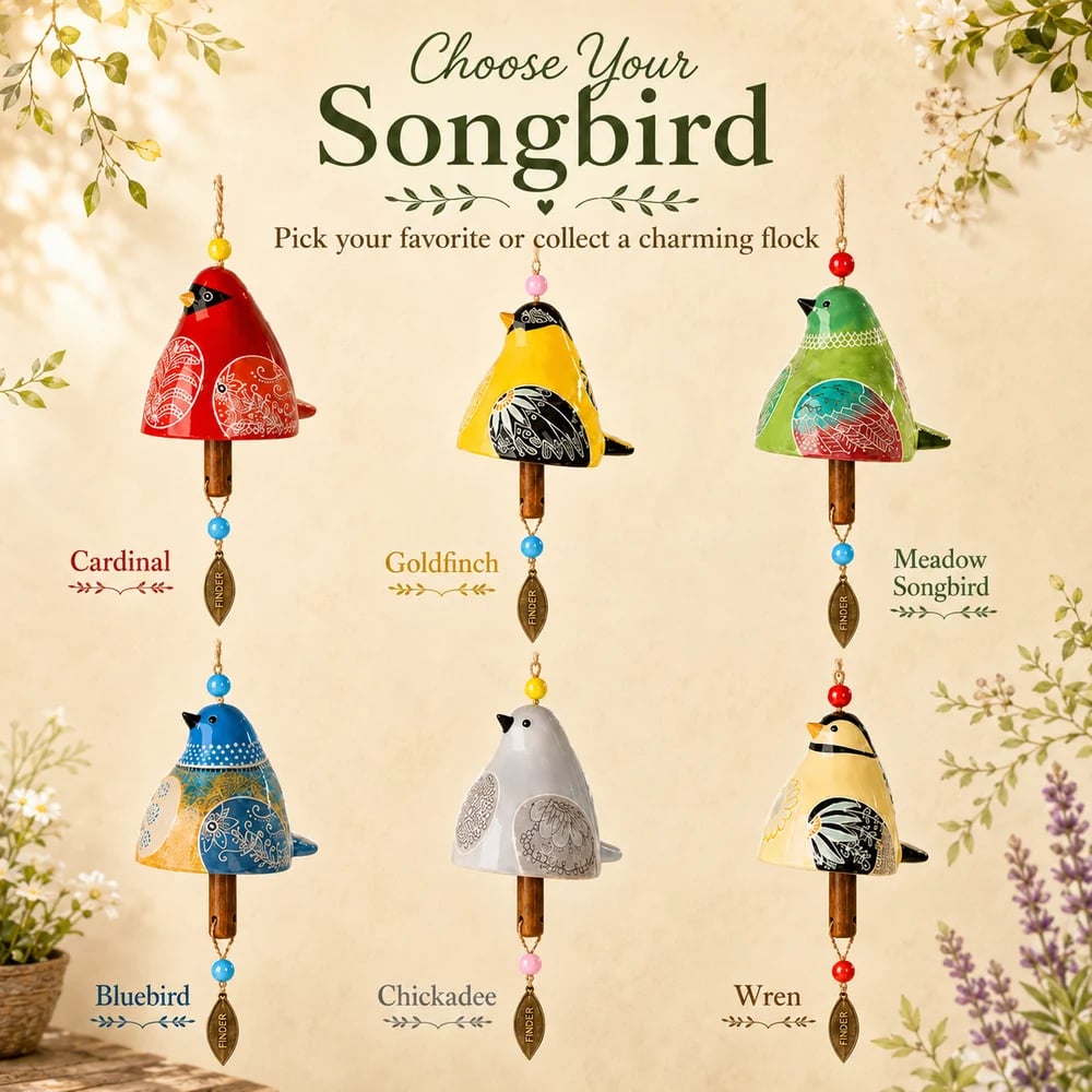 Six folk-art bird designs shown together in red, yellow, green, blue, ivory and pale golden tones.