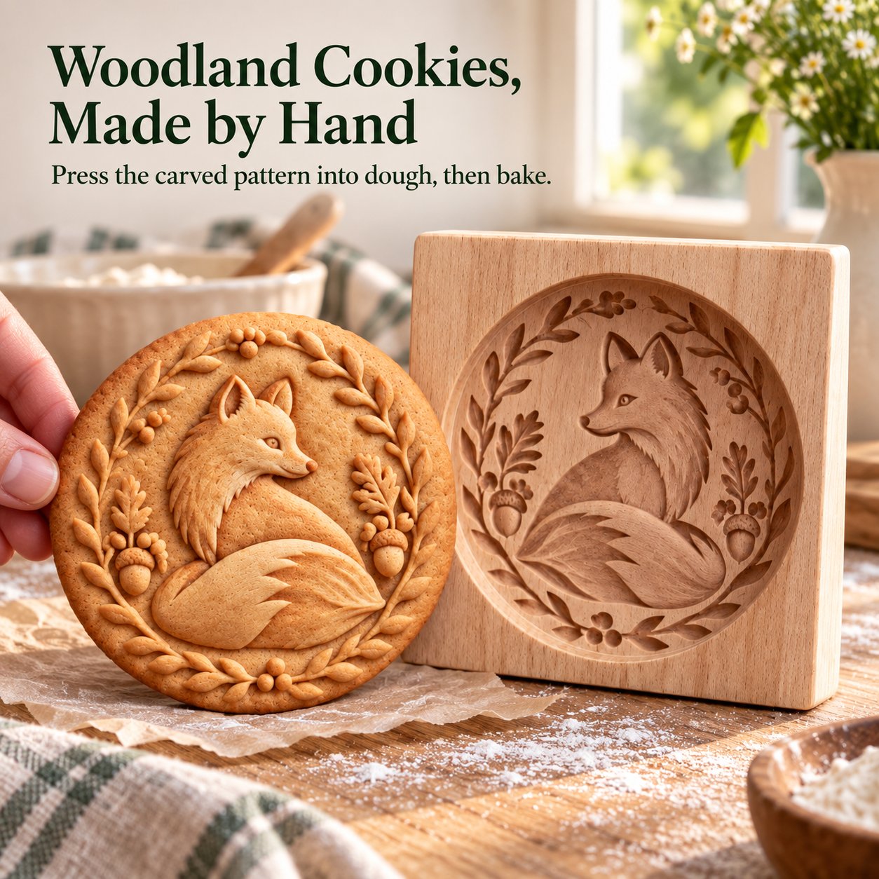Woodland cookies made by hand, showing a fox wooden mold and matching embossed cookie