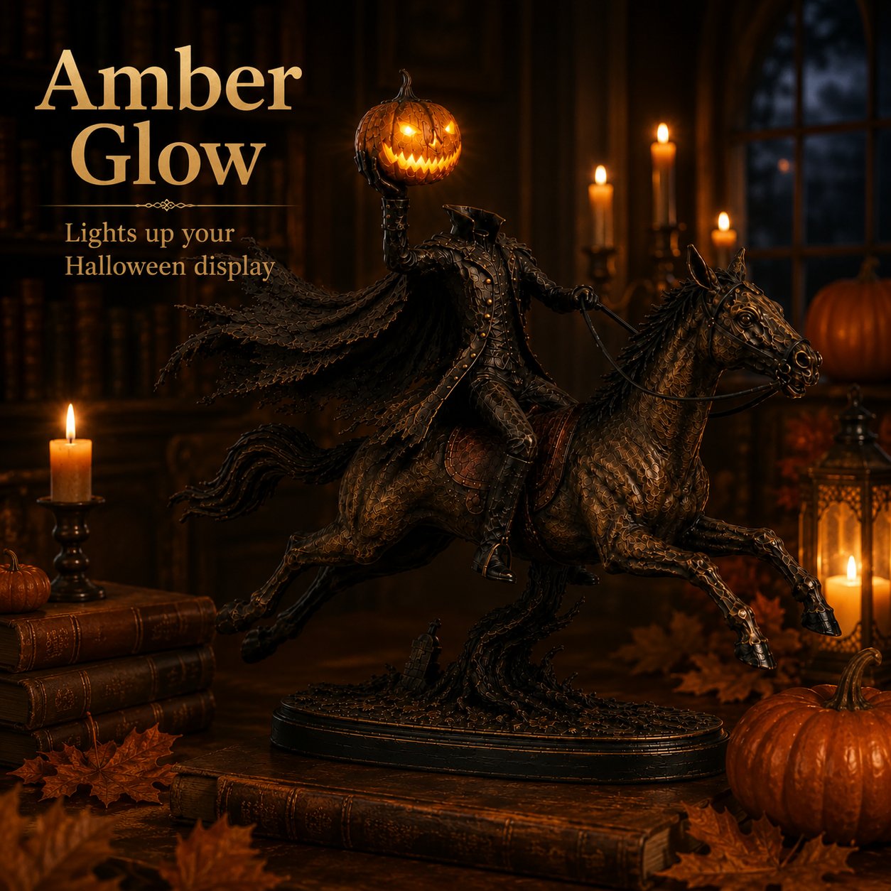 Warm amber glowing pumpkin Headless Horseman statue