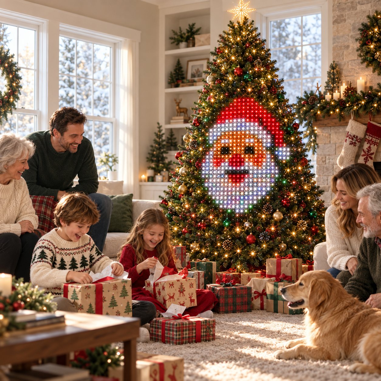 Family gathered beside a tree with a Santa light design