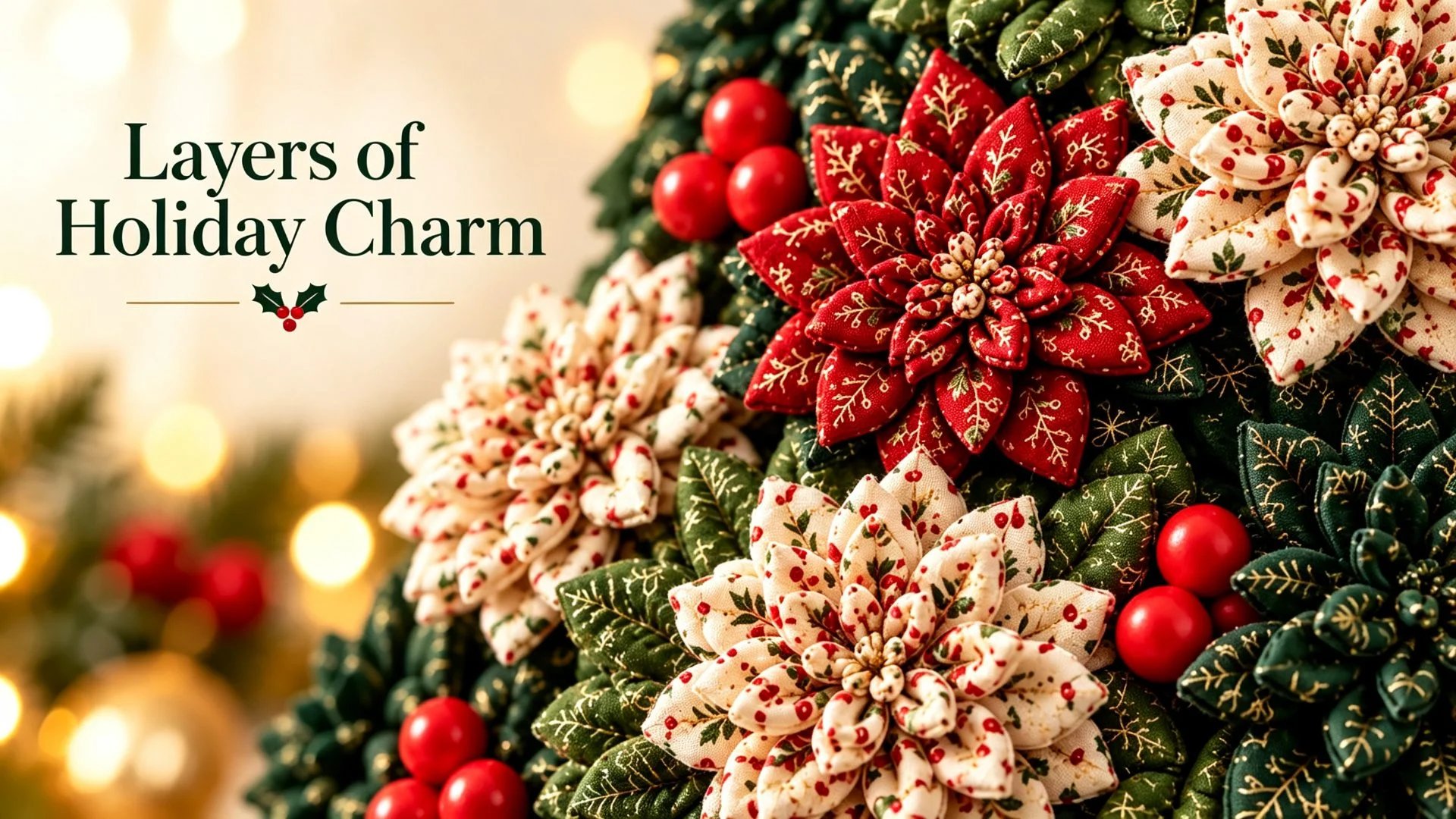Close-up of layered fabric flowers and Christmas patterns