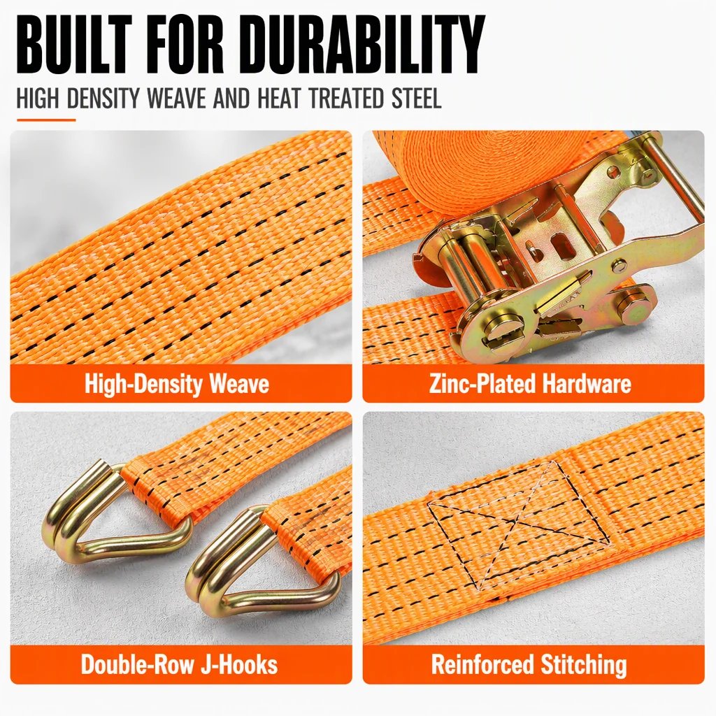 High density webbing zinc plated ratchet J hooks and reinforced stitching