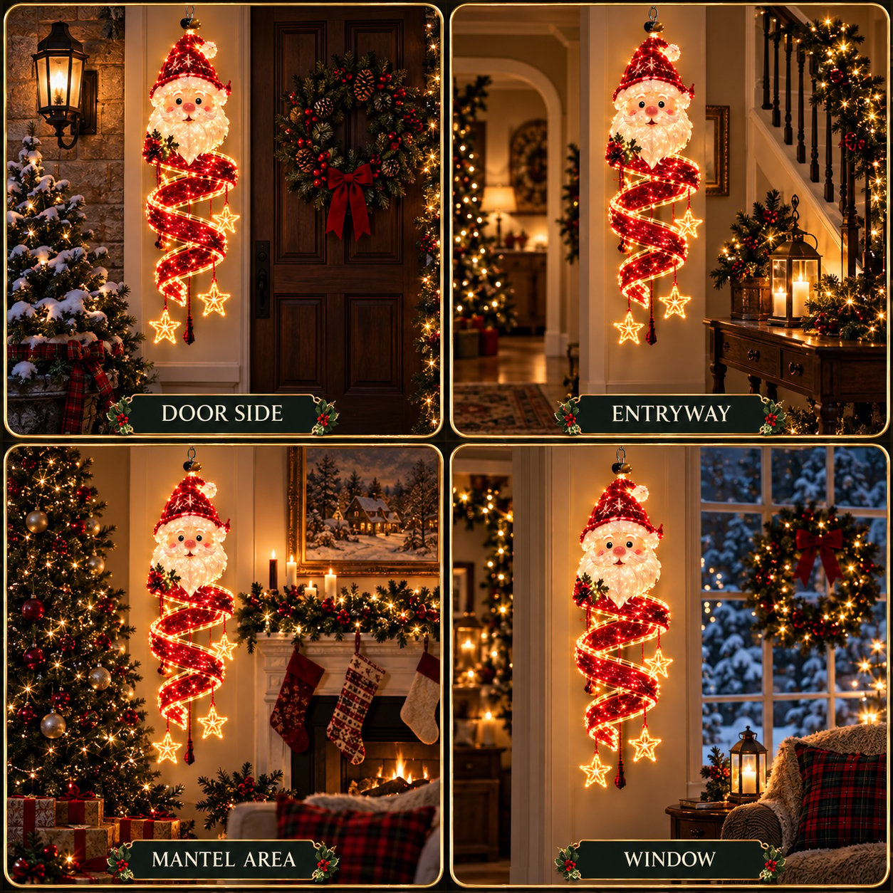 Santa Spiral hanging light displayed by a doorway, entryway, mantel and window