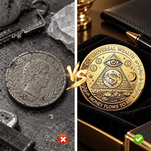Comparison between worn flat coin appearance and detailed gold tone Universal Wealth coin