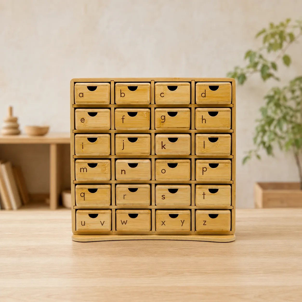 Bamboo Montessori phonics cabinet with labeled drawers