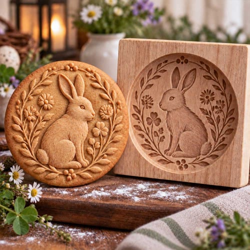 Rabbit design wooden mold with matching cookie