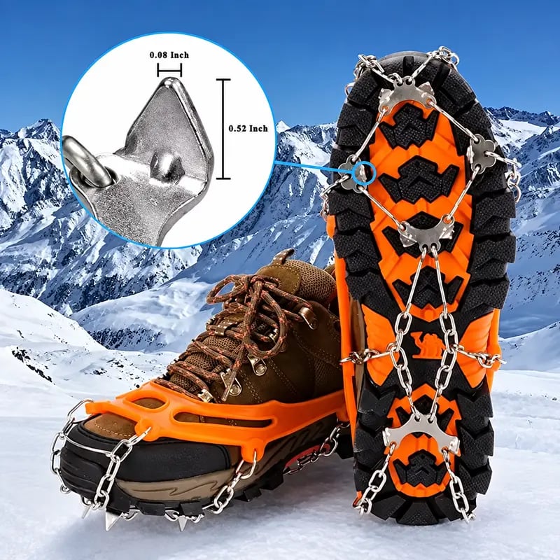 Orange ice cleats fitted over winter boots