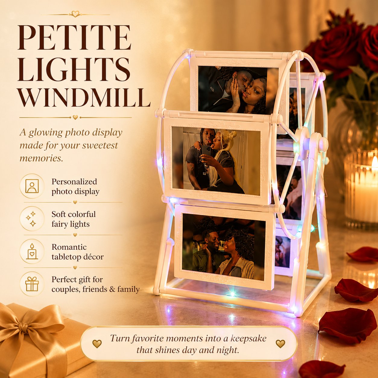 Petite Lights rotating illuminated photo display in a romantic setting