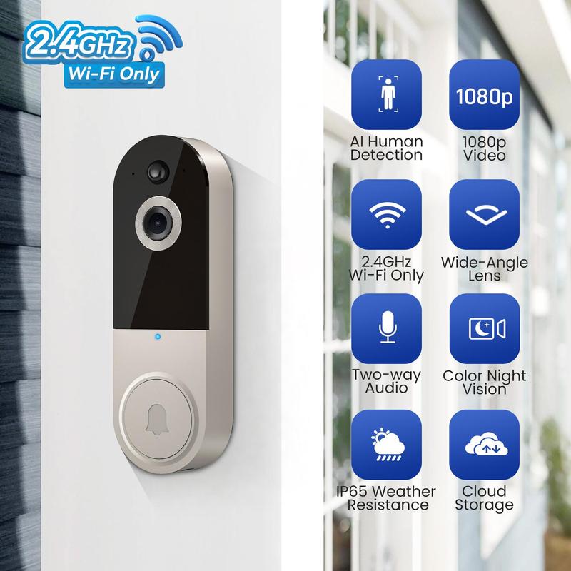 Product Introduction of Smart Wireless Video Camera Doorbell with Chime, 2.4G WiFi AI Human Detection Camera Doorbell with Two-way Audio Intercom, Rechargeable, Night Vision, Real-time Alerts, Motion-Detection 5