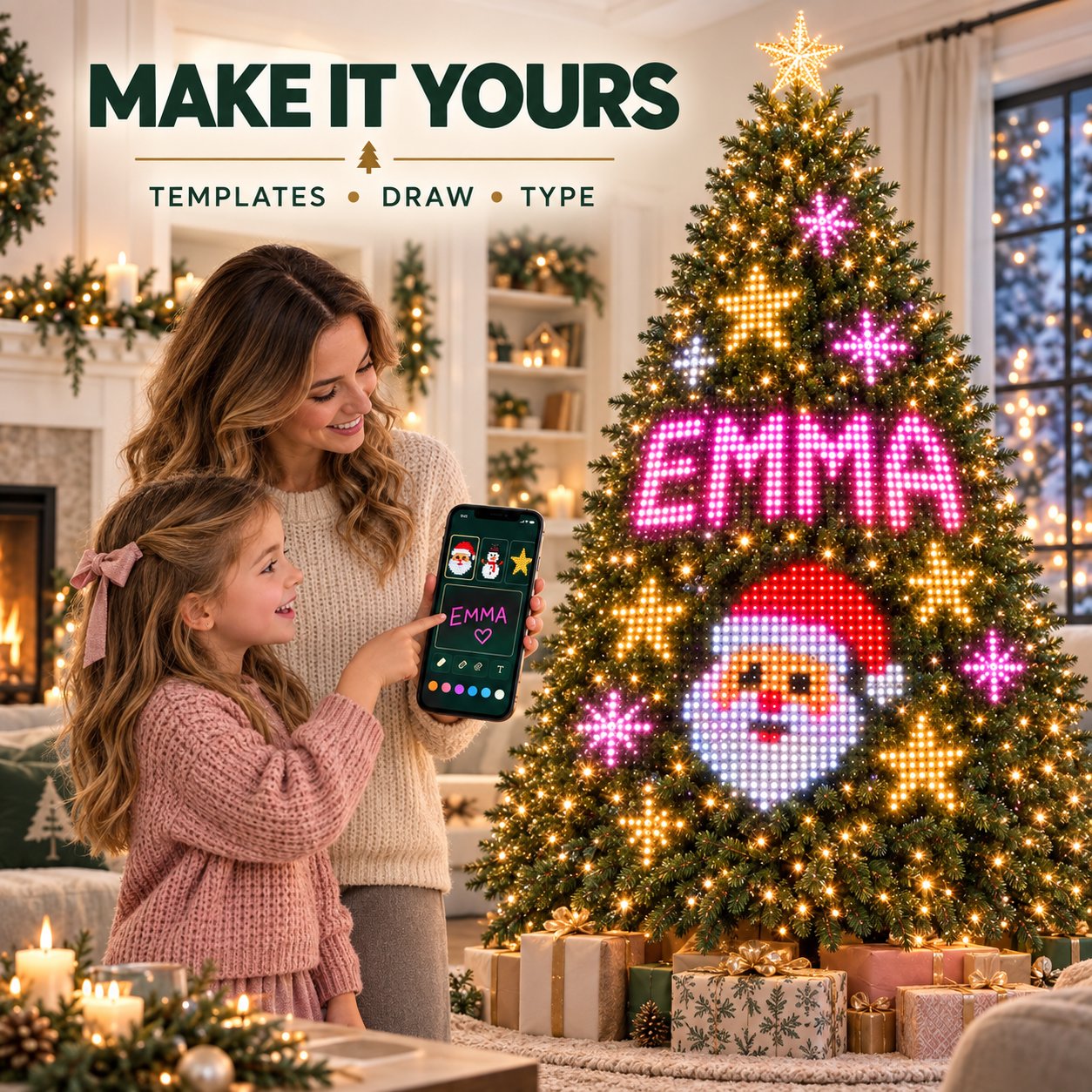 Product image showing a phone-controlled tree lighting design