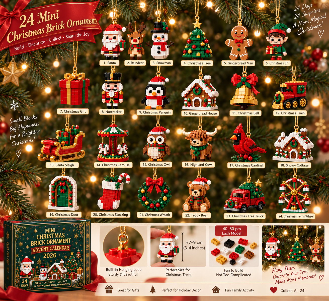 Collection of 24 different Christmas brick ornament designs
