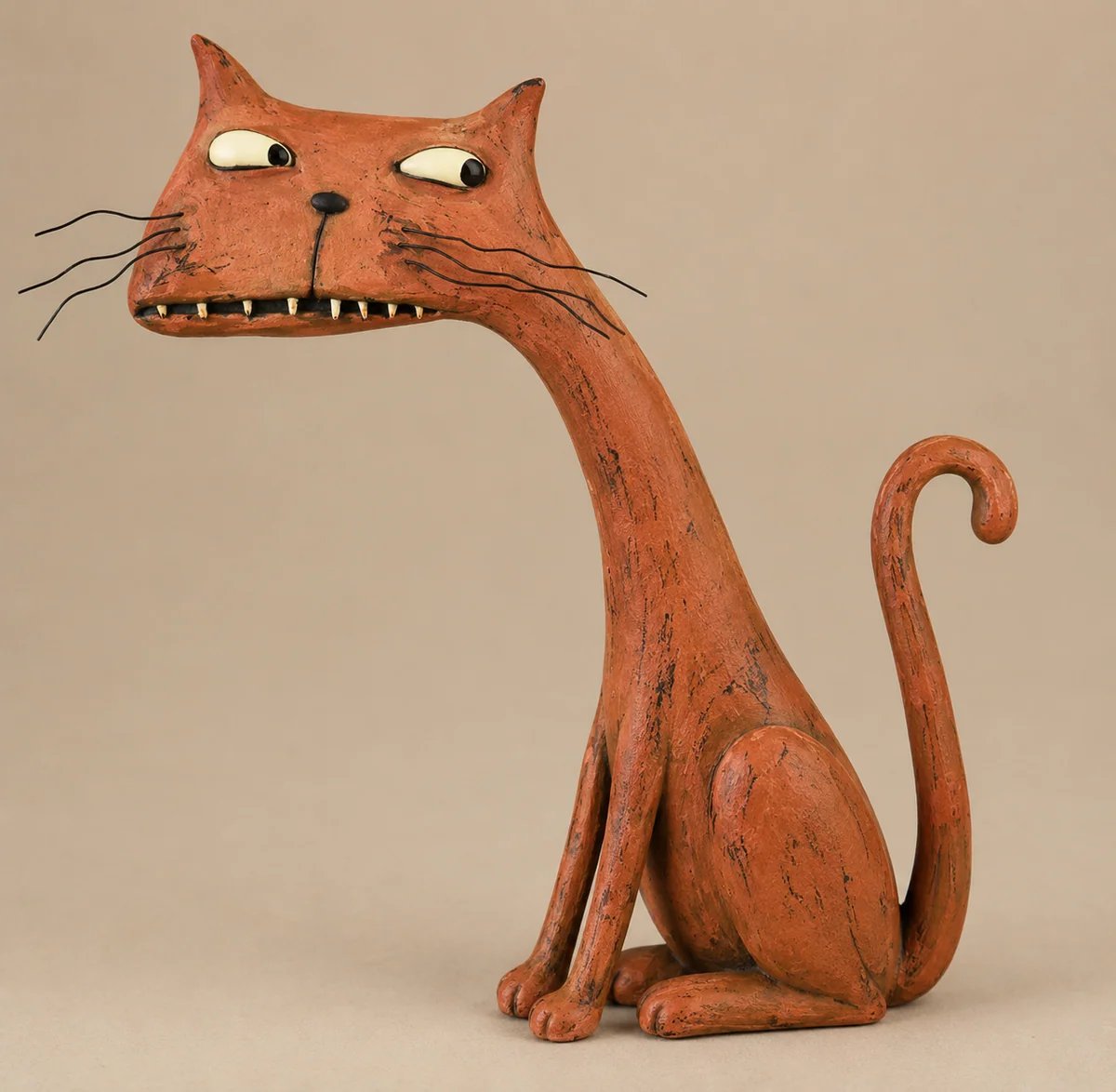 Distressed burnt orange cat figurine with long neck and sideways glance