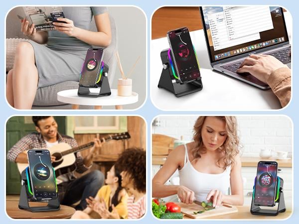 Wireless Induction Audio Speaker Stand, 5in1 Cellphone Holder, 3500mAh Rechargeable Emergency Power Bank,360° Adjustable Mobile Tablet Stand with Colorful Ambient Light Gifts for Men Women