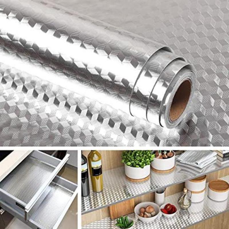 Kitchen Wallpaper Oil Proof Sticker Aluminum Foil Backsplash Self-Adhesive Contact Paper Cabinet Liner Waterproof Heat Resistant Peel Stick Wallpaper 15.7X118 Inches Cube Texture Silver Non-Woven,UU