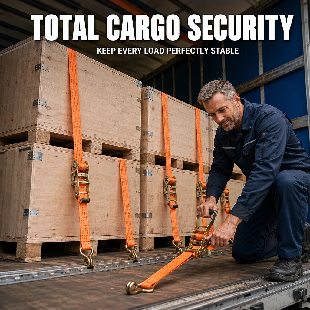 Ratchet strap securing large cargo crates in truck