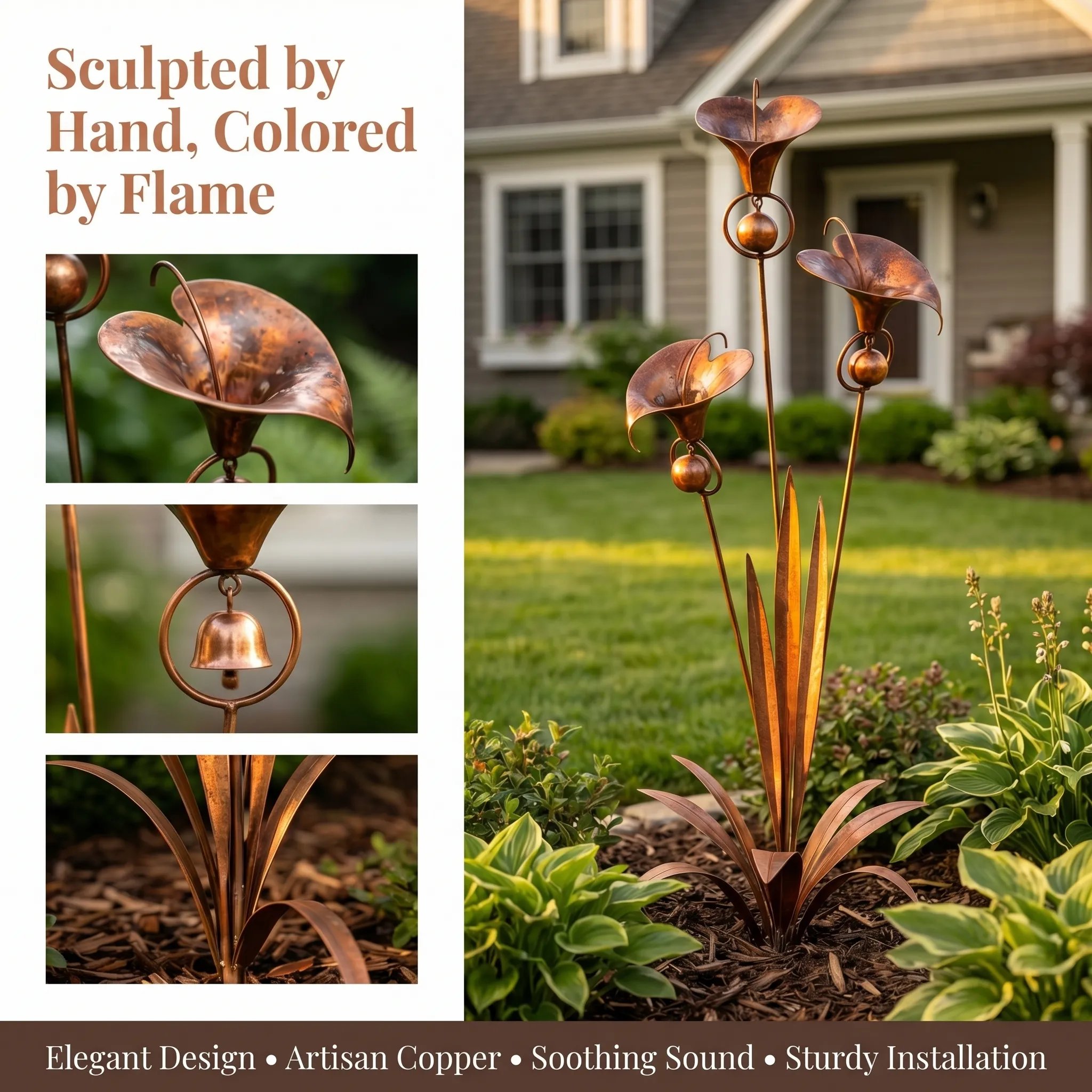 Flamed Copper Three Calla Lilies Garden Stake with Bells Flamed Copper Three Calla Lilies Garden Stake with Bells