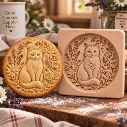 Cat design wooden mold with matching cookie