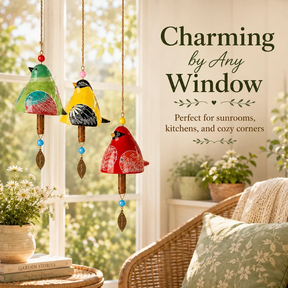 Green, yellow and red bird chimes displayed by a bright window in a cozy sunroom.
