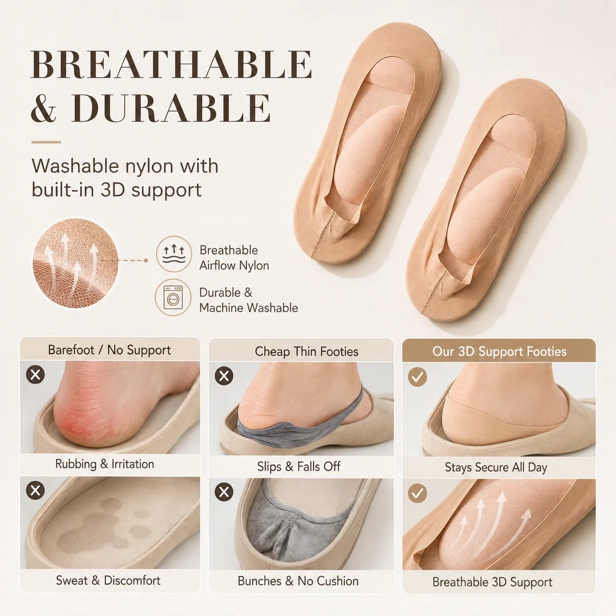 Breathable durable machine washable nylon footie socks with 3D support