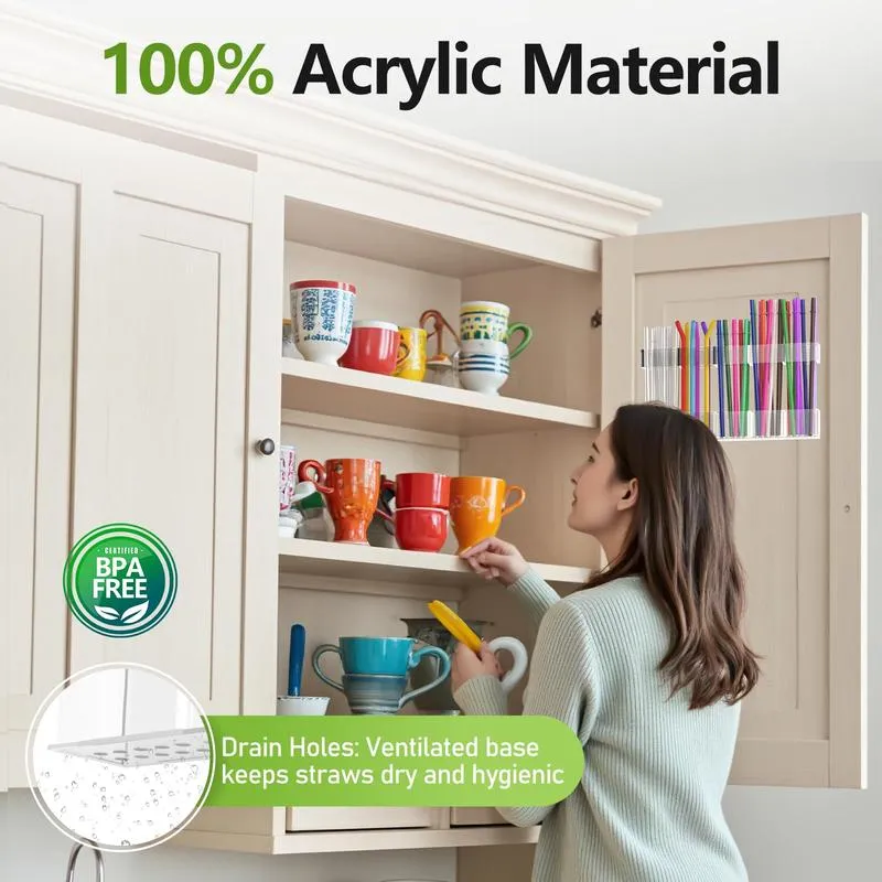 Straw Holder for Cabinet Door, 9.8” Adjustable Two-Part Large Acrylic Straws Organizer with Ultra Sticky Adhesive Strips, 2026 Reusable Utensil Storage for Kitchen Cupboard(Transparent)
