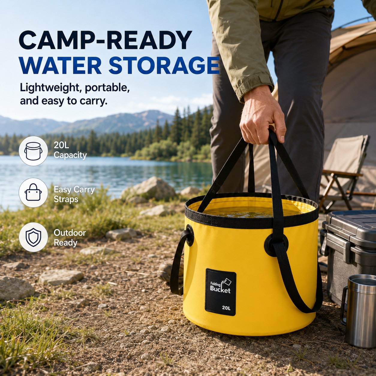 Foldable bucket packed for beach and outdoor trips