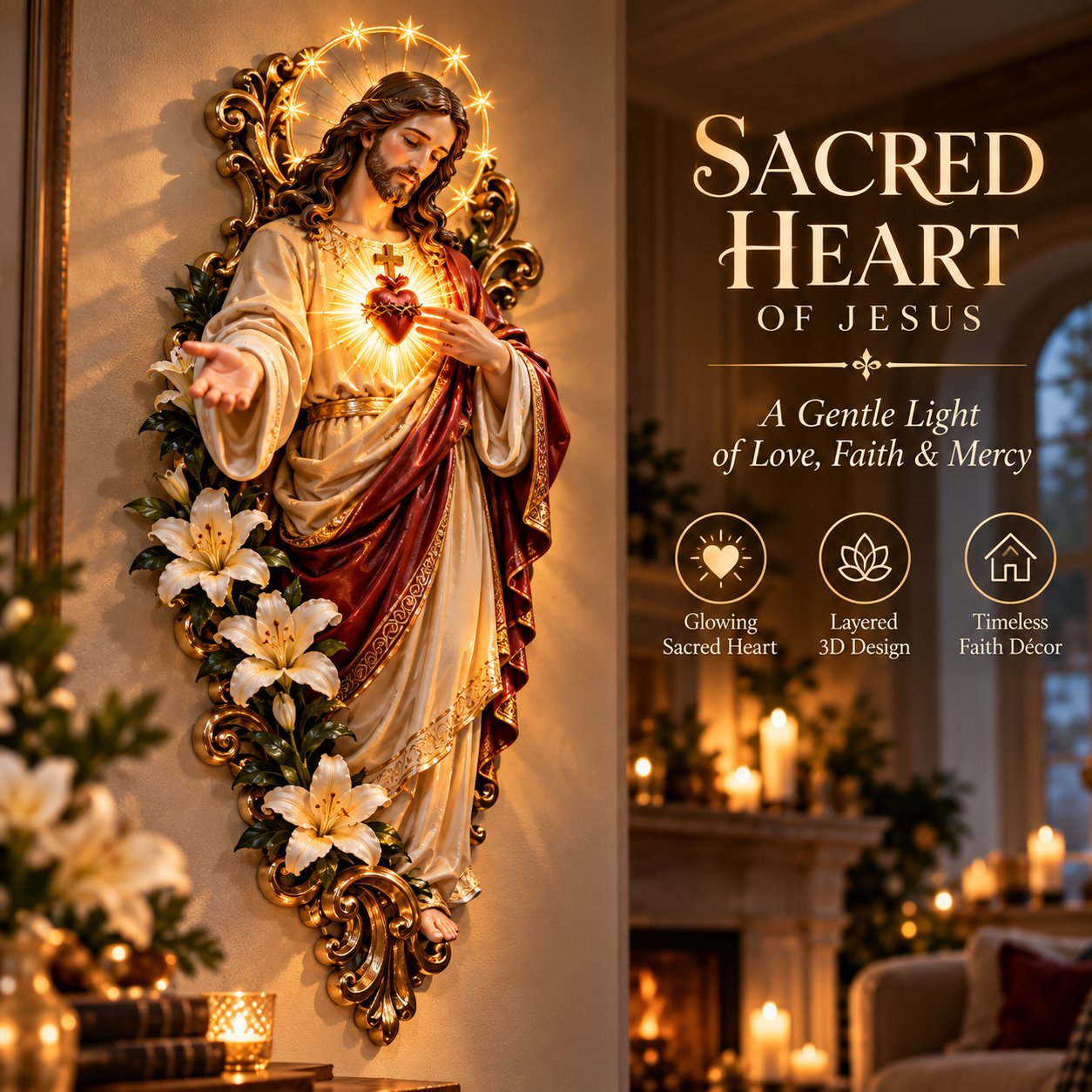 Sacred Heart of Jesus 3D lighted wall decor detail