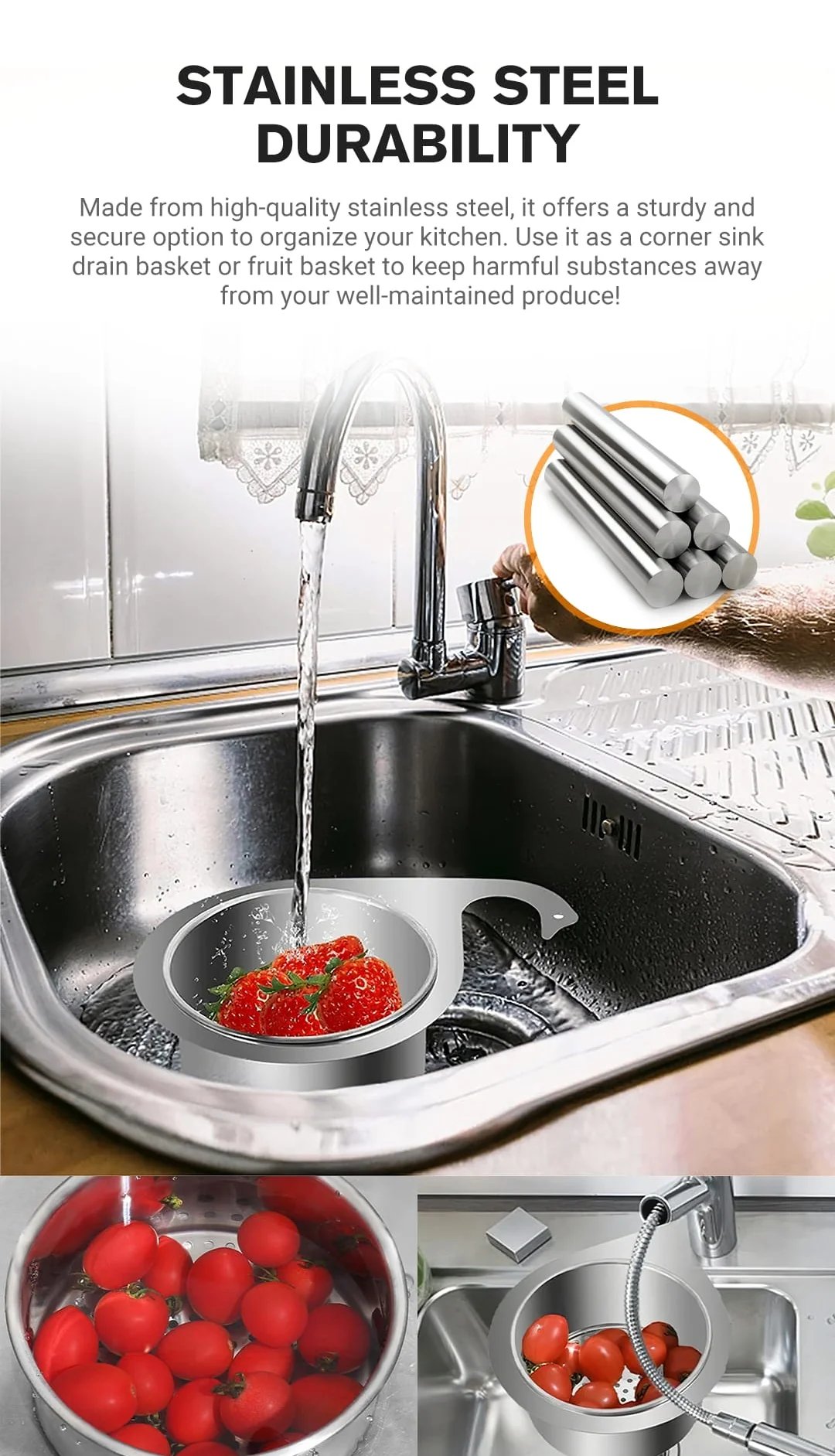 Durable stainless steel sink strainer basket