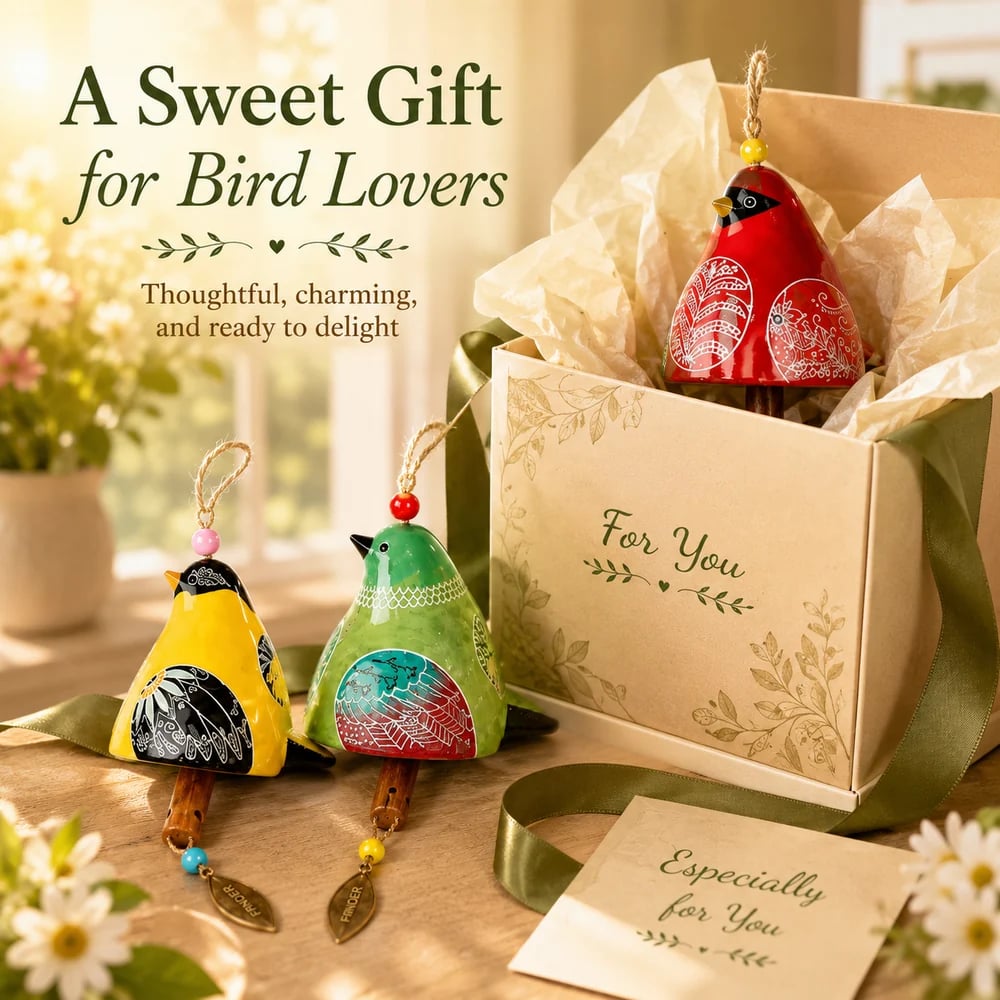 Red bird chime in a styled gift box, with yellow and green designs beside ribbon and a greeting card.