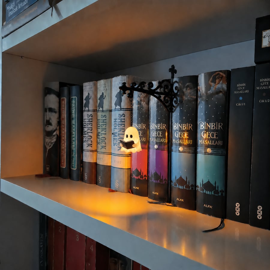 Ghost Bookshelf Lantern with a cute ghost reading a book