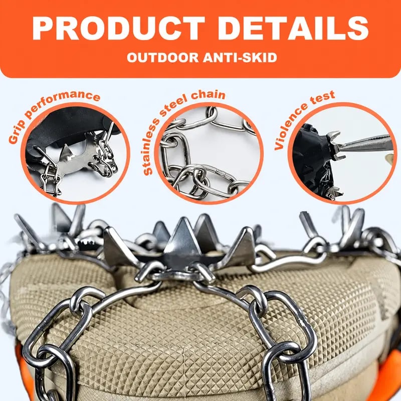 Close view of ice cleat chains and metal traction teeth