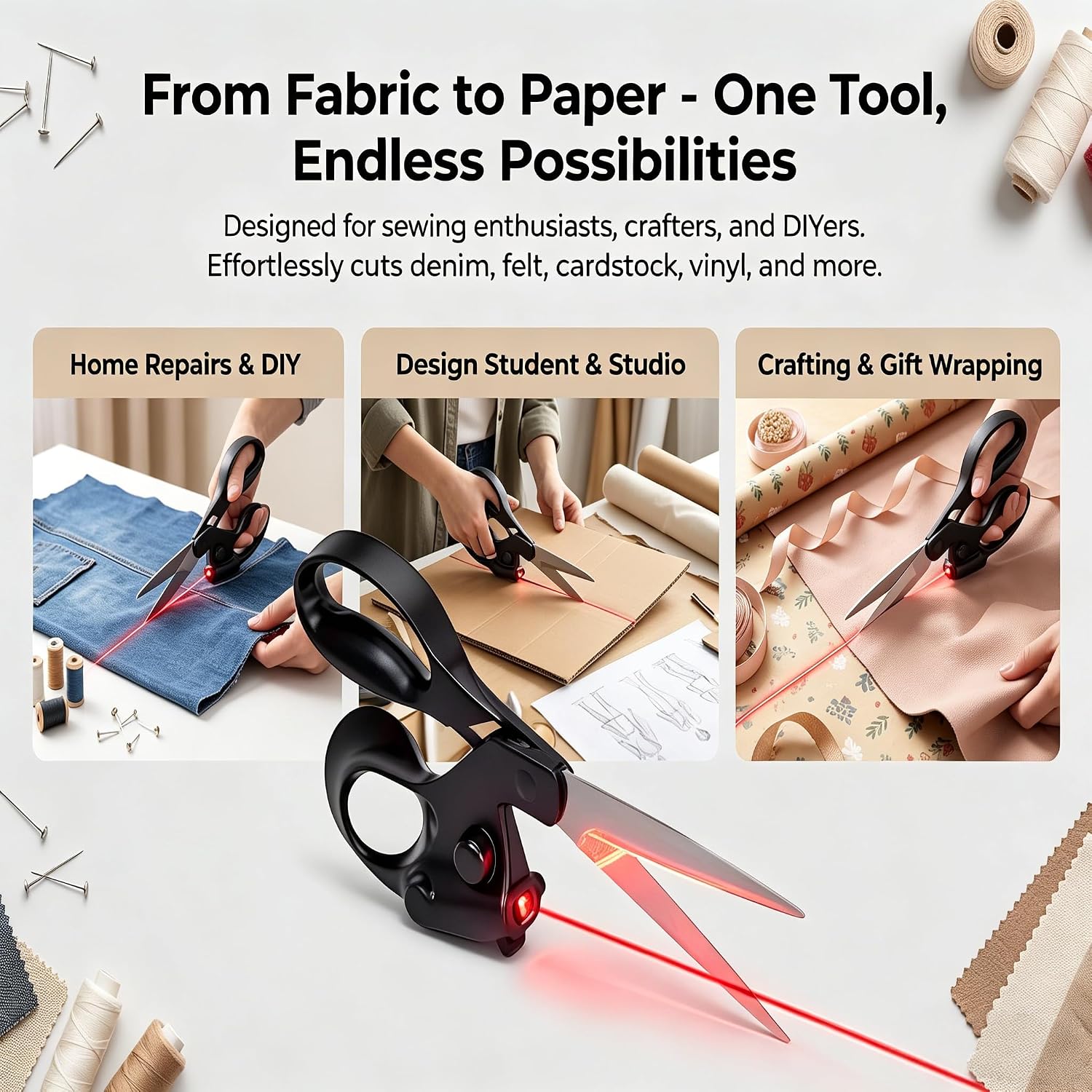 Scissors shown cutting fabric, craft materials and gift wrapping paper