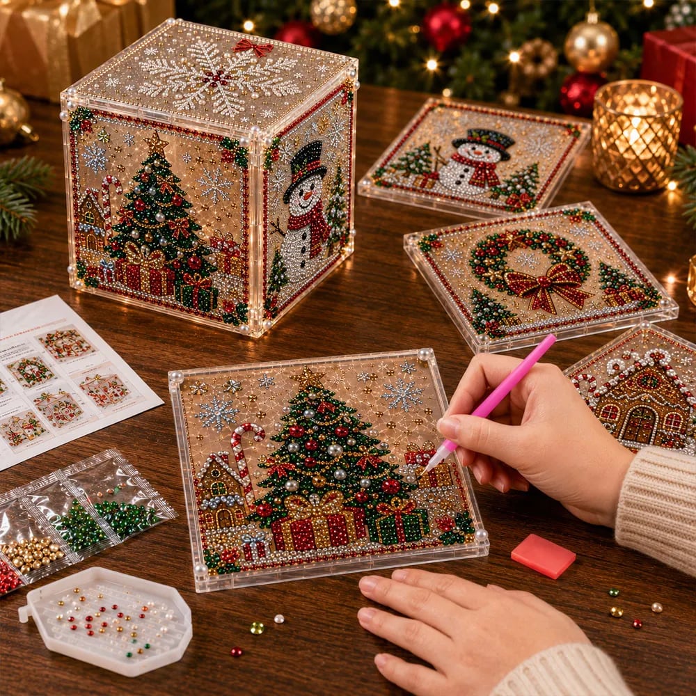 Assembled 3D diamond painting box glowing