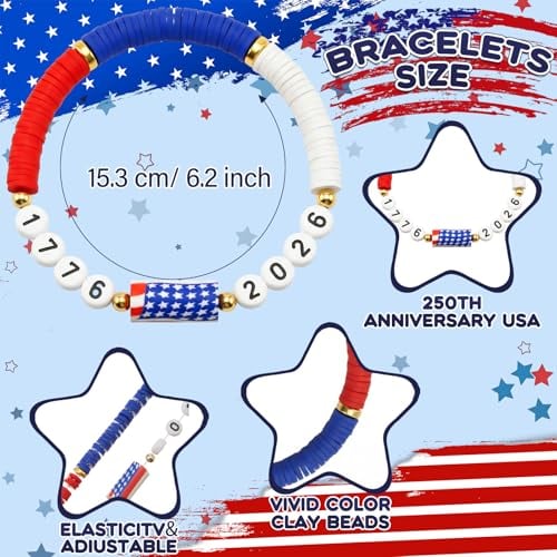 24/48 Pcs USA 250th Anniversary Flag Bracelet National Flag Independence Day Accessaries 4th of July Wristband for Women Men Teens Bulk Red White and Blue Patriotic Gifts for 4th of July American Summer Party Favors Event Parade Historical Celebration