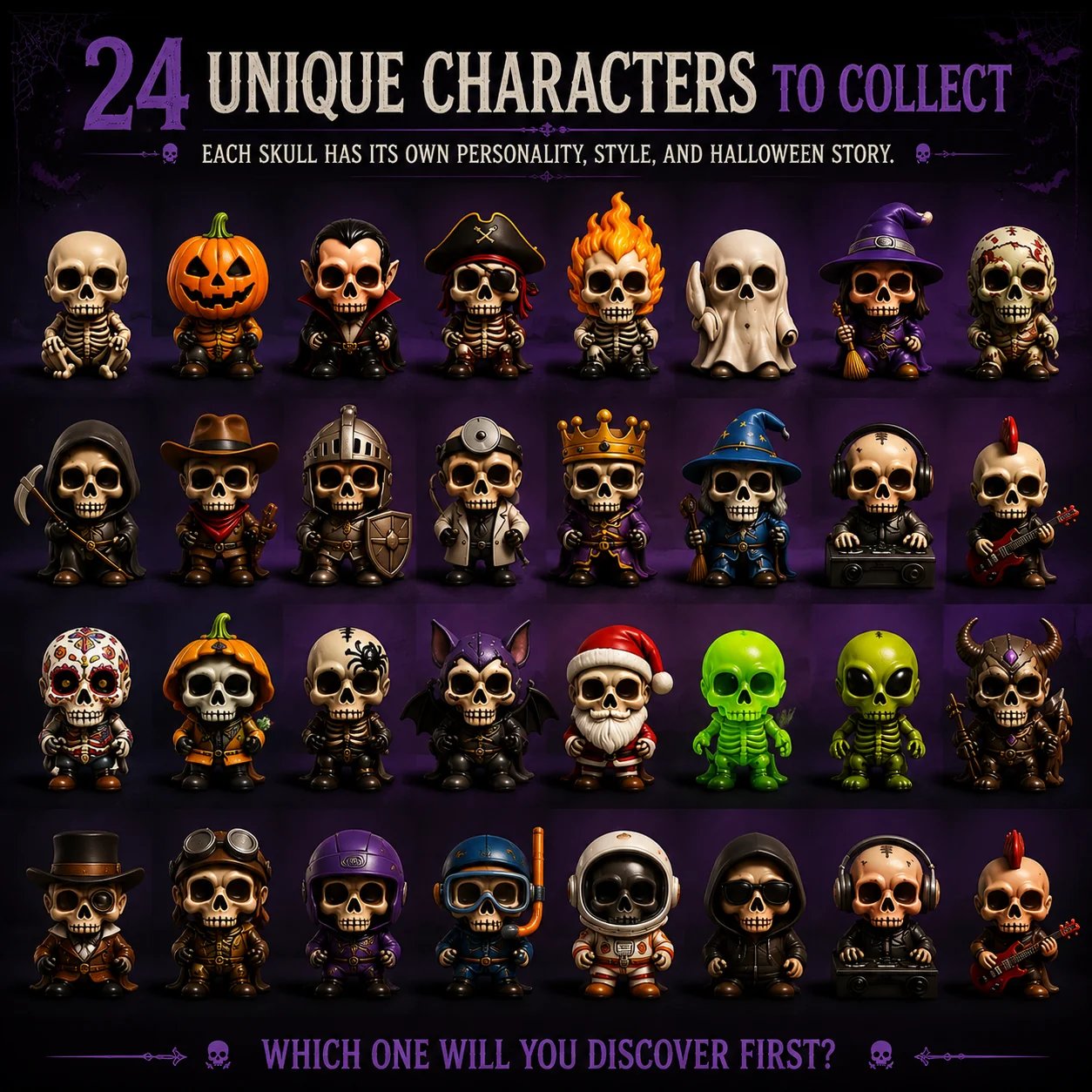 24 collectible skull characters