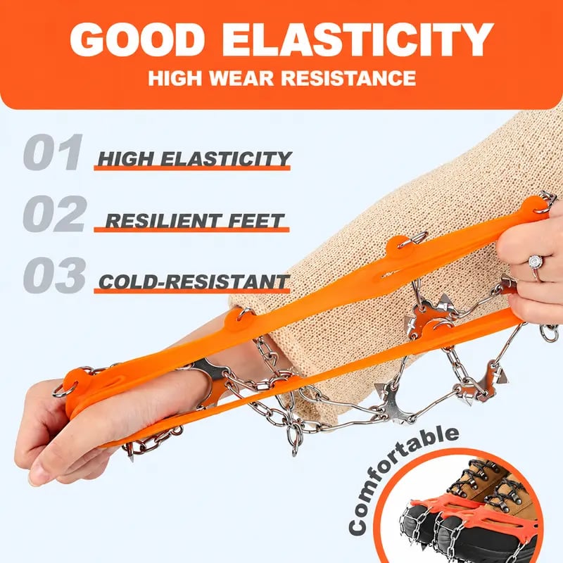 Flexible orange TPE ice cleat being stretched