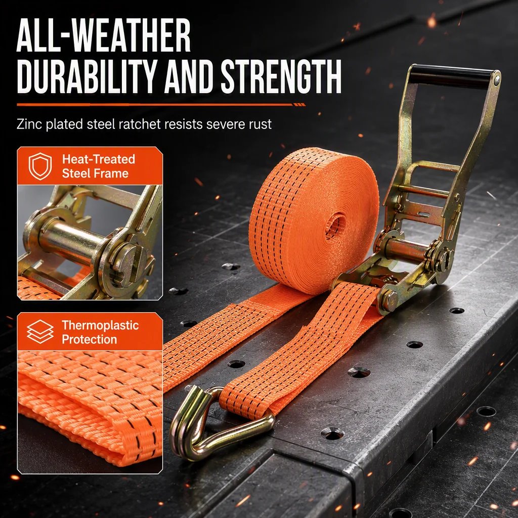 All weather durable ratchet strap with heat treated steel and thermoplastic webbing