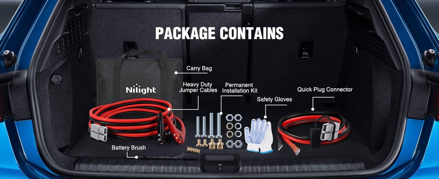 Nilight 0 Gauge 25 Feet Heavy Duty Jumper Cables 1000 Amp Booster Battery Cables with Permanent Installation kit and Quick Connect Plug Includes carrying bag for 12V & 24V Cars SUVs and Trucks