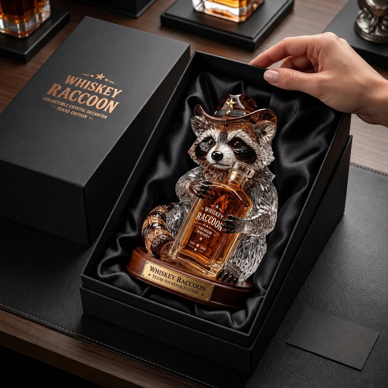 Whiskey raccoon collectible presented in a black gift box