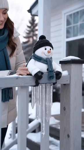 Snowman railing decoration being installed on a porch