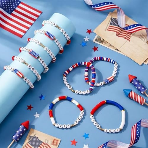 24/48 Pcs USA 250th Anniversary Flag Bracelet National Flag Independence Day Accessaries 4th of July Wristband for Women Men Teens Bulk Red White and Blue Patriotic Gifts for 4th of July American Summer Party Favors Event Parade Historical Celebration